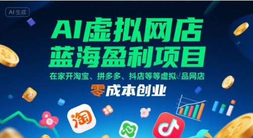 AI虚拟网店蓝海盈利项目，在家开淘宝、拼多多、抖店等虚拟品网店，零成本创业-创领云聚