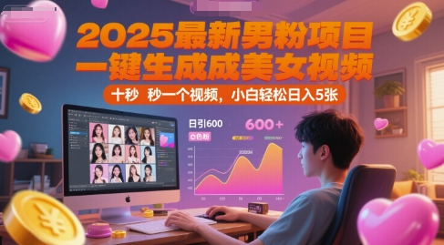 2025最新男粉项目，一键生成美女视频，日引600+色粉 十秒一个视频，小白轻松日入5张【揭秘】-创领云聚