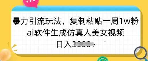 暴力引流玩法，复制粘贴一周1w粉，ai软件生成仿真人美女视频，日入多张-创领云聚