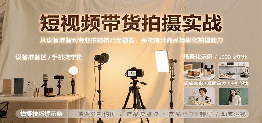 短视频带货拍摄实战，从设备准备到专业拍摄技巧全覆盖，系统提升商品场景化拍摄能力-创领云聚