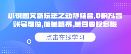 小说推文图文新玩法之动静结合，0粉抖音账号可做，简单粗暴，单日变现多张-创领云聚