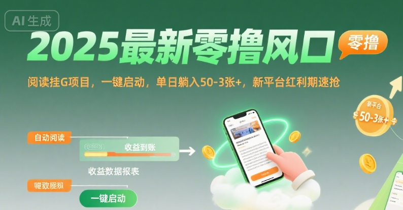 2025最新零撸风口，阅读挂G项目，一键启动，单日躺入 50-3张+，新平台红利期速抢【揭秘】-创领云聚