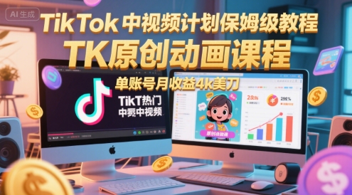 TikTok中视频计划保姆级教程，TK原创动画课程，单账号月收益4k美刀-创领云聚
