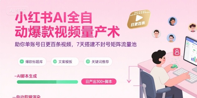 小红书AI全自动爆款视频量产术，助你单账号日更百条视频，7天搭建不封号矩阵流量池-创领云聚