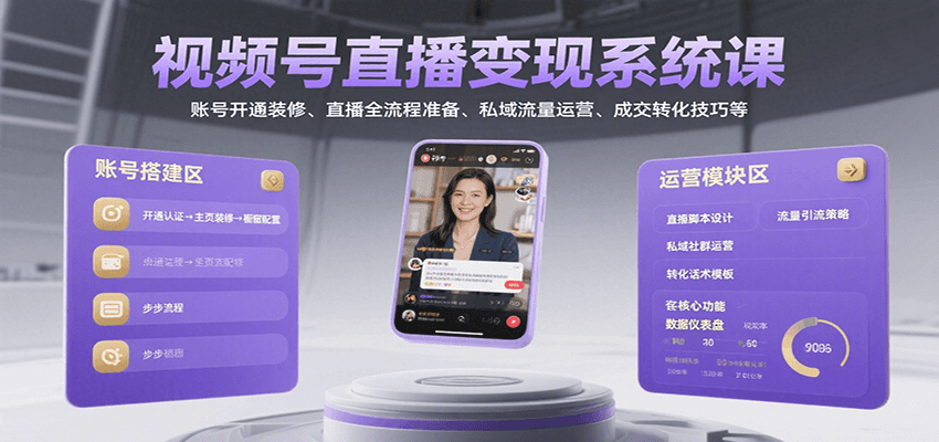视频号直播变现系统课，账号开通装修、直播全流程准备、私域流量运营、成交转化技巧等-创领云聚