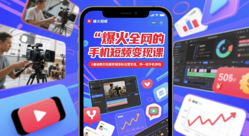 爆火全网的手机短视频变现课，0基础教你拍摄剪辑涨粉运营变现，用一部手机挣钱-创领云聚