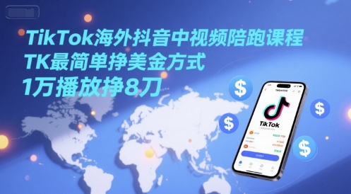 TikTok海外抖音中视频陪跑课程，TK最简单挣美金方式，1万播放挣8刀-创领云聚