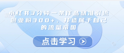 小红书3分钟一条作品精准引流创业粉300+，打造属于自己的流量帝国-创领云聚