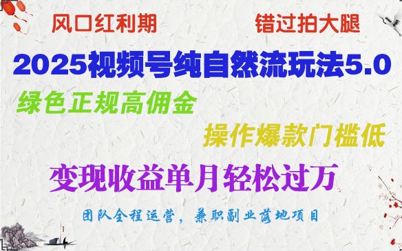 2025视频号纯自然流玩法5.0，绿色正规高佣金，操作爆款门槛低，变现收益单月轻松过万-创领云聚