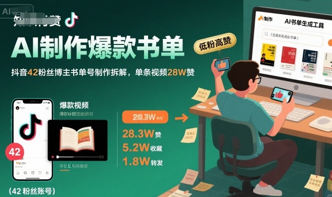 AI制作爆款书单，抖音42粉丝博主书单号制作拆解，单条视频28W赞-创领云聚