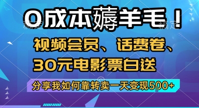 0成本薅羊毛!视频会员、话费卷、30元电影票白送，分享我如何靠转卖一天变现5张+【揭秘】-创领云聚
