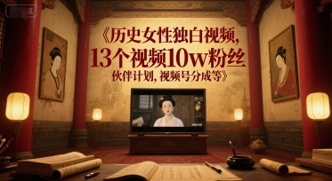 历史女性独白视频，13个视频10w粉丝，伙伴计划，视频号分成等-创领云聚