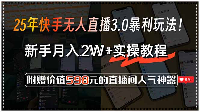 25年快手无人直播3.0暴利玩法！，新手月入2W+实操教程，附赠价值598元…-创领云聚