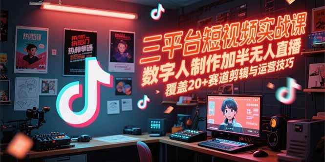 三平台短视频实战课，数字人制作加半无人直播，覆盖20+赛道剪辑与运营技巧-创领云聚