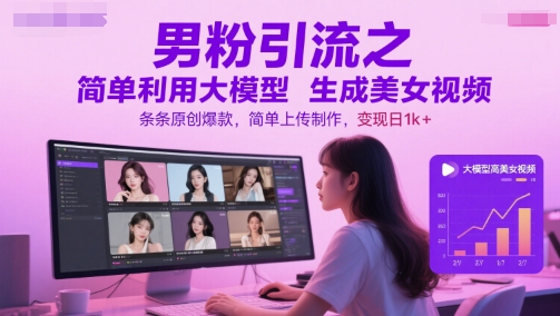 男粉引流之简单利用大模型生成美女视频，条条原创爆款，简单上传制作，变现日1k+-创领云聚