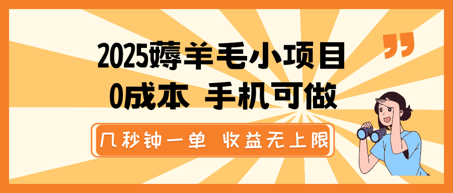 2025薅羊毛小项目，0成本 手机可做，几秒钟一单，收益无上限-创领云聚