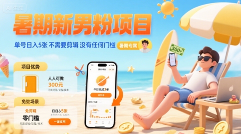 暑期新男粉项目 单号日入5张 不需要剪辑  没有任何门槛-创领云聚