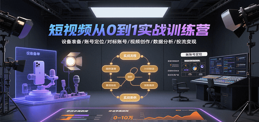 短视频从0到1实战训练营：设备准备/账号定位/对标账号/视频创作/数据分析/投流变现-创领云聚