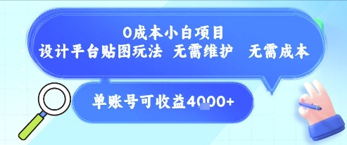 0成本小白项目，设计平台贴图玩法，无需维护，无需成本，单账号单月可产生收益4k+-创领云聚