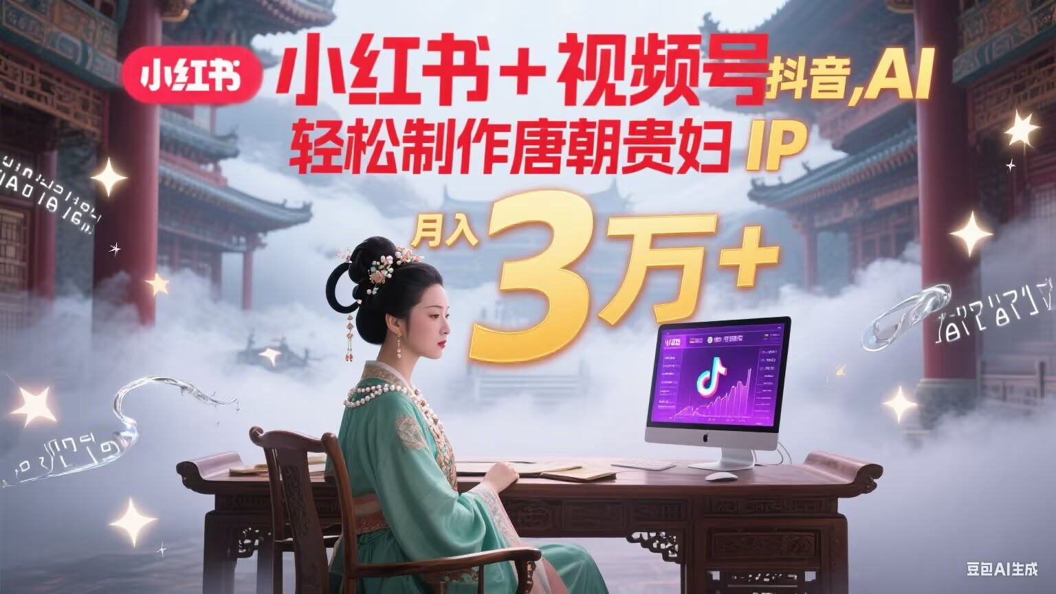 小红书+视频号+抖音，AI轻松制作唐朝贵妇IP，毒鸡汤、励志、减肥瘦身、养生赛道轻松切入，每天30分钟，轻松产出N条，月入3万+-创领云聚