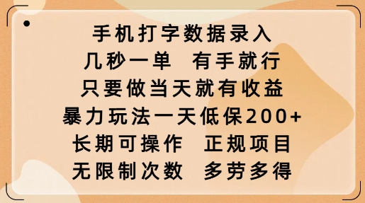 手机打字数据录入，几秒一单，有手就行，只要做当天就有收益，暴力玩法一天低保2张-创领云聚
