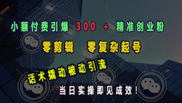 小额付费引爆 300 + 精准创业粉，零剪辑、零复杂起号，话术撬动被动引流，当日实操即见成效-创领云聚