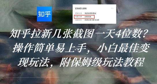 知乎拉新几张截图一天4位数？操作简单易上手，小白最佳变现玩法，附保姆级玩法教程-创领云聚