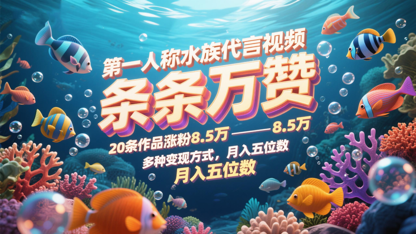 第一人称水族代言视频，条条万赞，20条作品涨粉8.5万，多种变现方式月，入五位数-创领云聚