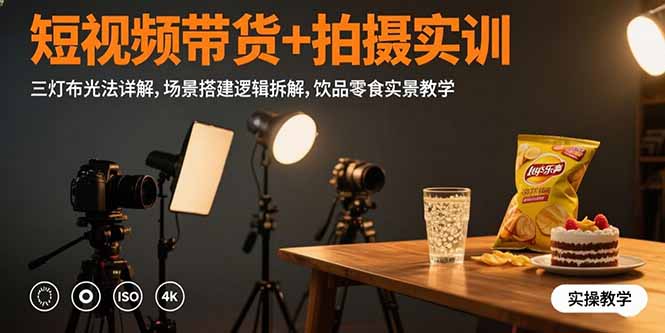短视频带货+拍摄实训：三灯布光法详解,场景搭建逻辑拆解,饮品零食实景教学-创领云聚