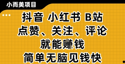 小而美的项目，抖音小红书B站视频点赞、关注、评论就能挣钱，简单无脑立见收益，妥妥的零撸项目【揭秘】-创领云聚