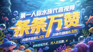 第一人称水族代言视频，条条万赞，20条作品涨粉7.8W，多种变现方式月入五位数-创领云聚