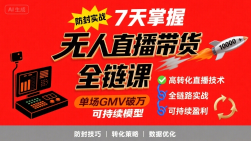 无人直播带货全链防封实战课，7天掌握高转化直播技术，实现单场GMV破万可持续模型-创领云聚