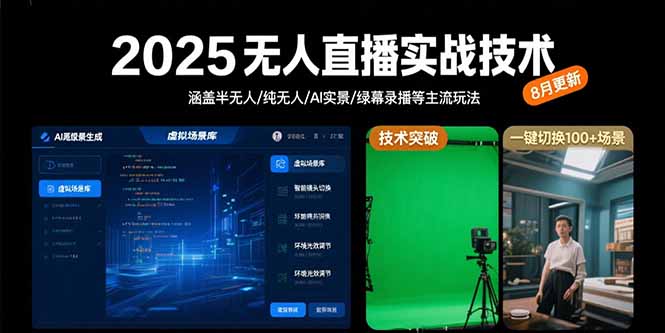 2025无人直播实战技术-8月，涵盖半无人/纯无人/AI实景/绿幕录播等主流玩法-创领云聚
