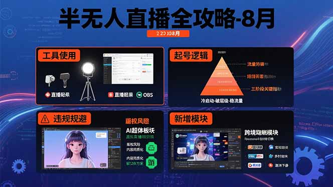 半无人直播全攻略-8月：工具使用+起号逻辑+违规规避,新增AI超体与跨境模块-创领云聚