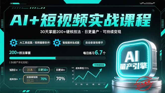 AI+短视频实战课程：30天掌握200+硬核技法，实现日更量产可持续变现-创领云聚