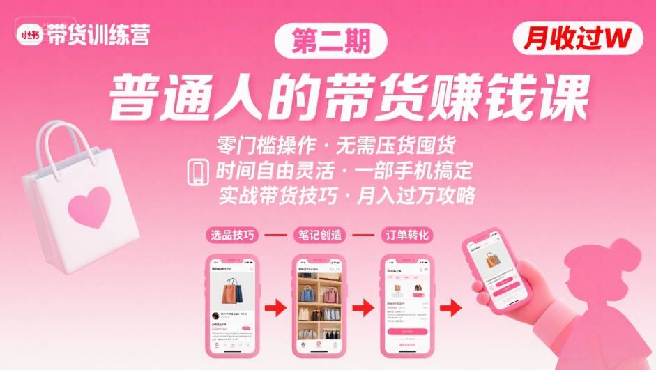 小红书带货第二期训练营，普通人月收过W的带货课，时间自由，零门槛无压货，一部手机即可操作-创领云聚