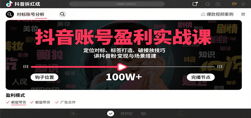 抖音账号盈利实战课，定位对标、标签打造、破播放技巧，讲涨粉变现与场景搭建-创领云聚