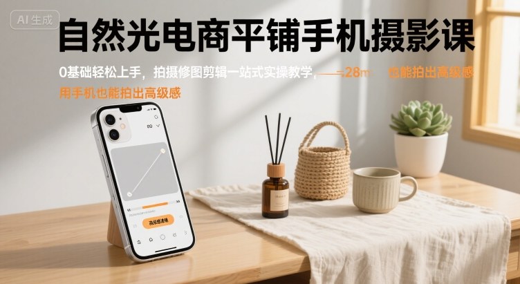 自然光电商平铺手机摄影课，0基础轻松上手，拍摄修图剪辑一站式实操教学，用手机也能拍出高级感-创领云聚