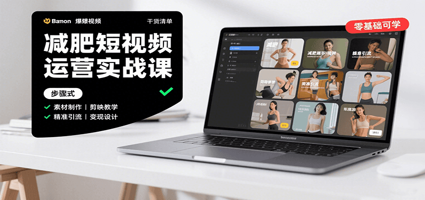 减肥短视频运营实战课：含素材制作、剪映教学，讲精准引流、变现设计与内容模板技巧-创领云聚