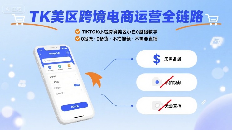 TK美区跨境电商运营全链路，TIKTOK小店跨境美区小白0基础教学，0投流0备货不拍视频不需要直播-创领云聚