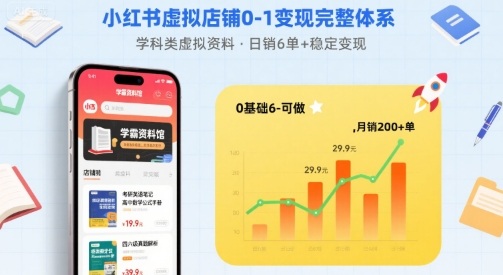 小红书虚拟店铺0-1变现完整体系：卖学科类虚拟资料，一天6张+，很稳定【已完结】-创领云聚
