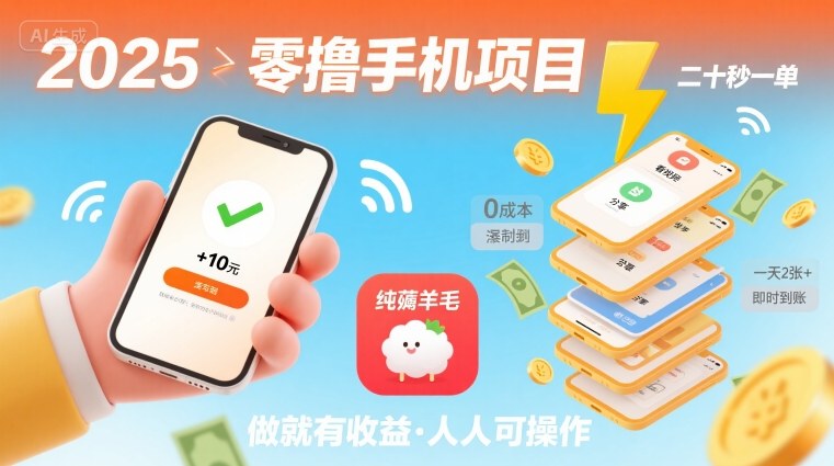 2025年零撸手机项目，二十秒一单，纯薅羊毛 一天2张+做就有-创领云聚