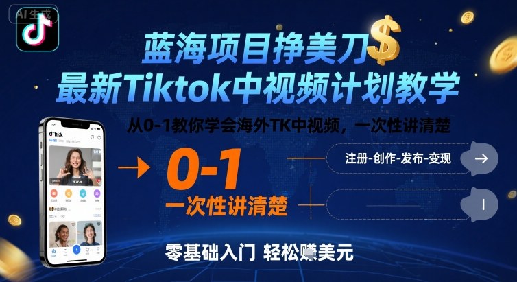 蓝海项目挣美刀，最新Tiktok中视频计划教学，从0-1教你学会海外TK中视频，一次性讲清楚-创领云聚