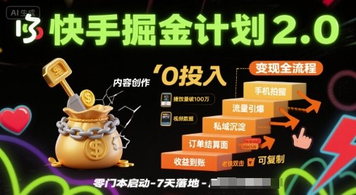 快手掘金计划2.0，快手电商变现全流程，简单可复制，0投入-创领云聚