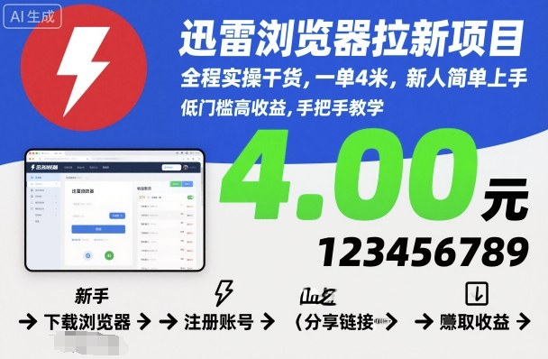 迅雷浏览器拉新项目，全程实操干货，一单4米，新人简单上手-创领云聚