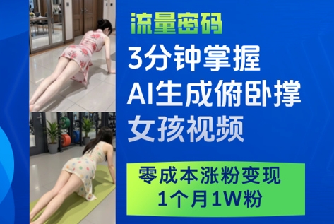3分钟掌握AI生成俯卧撑女孩视频，零成本涨粉变现，1个月1W粉-创领云聚