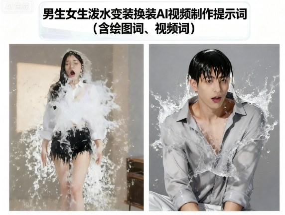 男生女生泼水变装换装AI视频制作提示词(含绘图词、视频词)-创领云聚