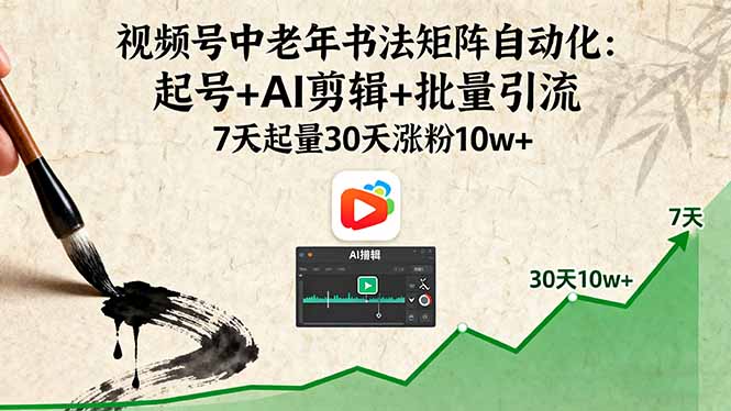 视频号中老年书法矩阵自动化：起号+AI剪辑+批量引流 7天起量30天涨粉10w+-创领云聚