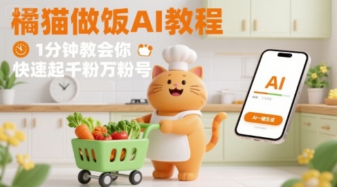 有趣的橘猫买菜做饭视频，用AI一键搞定，1分钟教会你，快速起千粉万粉号-创领云聚