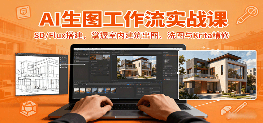 AI生图工作流实战课：SD/Flux搭建，掌握室内建筑出图、洗图与Krita精修-创领云聚